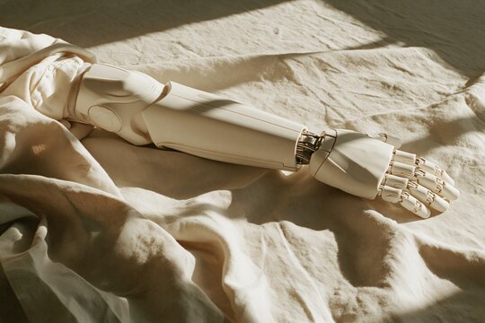 White bionic prosthetic arm resting on soft linen fabric