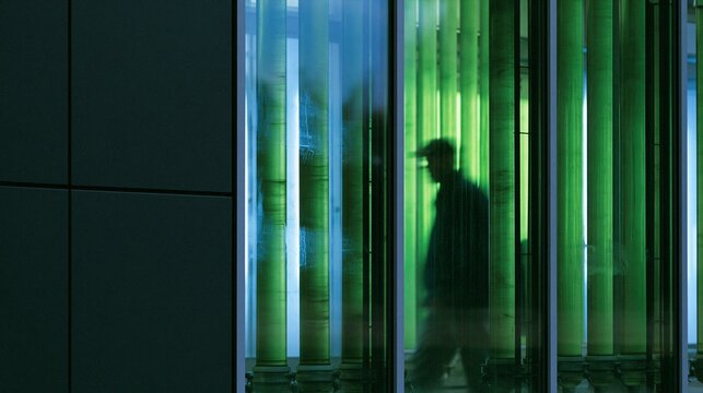 Algae photobioreactor glass tubes with technician silhouette in dark biotech facility, green biofuel energy production, copy space