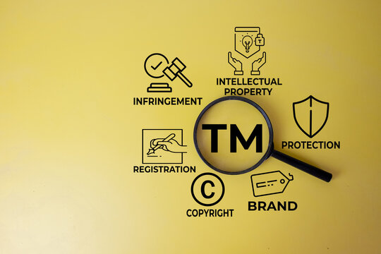 A magnifying glass focusing on the word TM surrounded by intellectual property, copyright, and brand protection graphic icons on a yellow background. Concept of legal business registration.