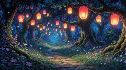 Obraz premium Magical forest path lit by glowing lanterns. Ancient trees line stone walkway under twilight sky. Dreamlike landscape with colorful flowers, mystical atmosphere. Enchanting night scene perfect for