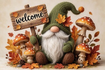 Fototapeta premium Cute garden gnome holds wooden welcome sign. Whimsical character sits among red mushrooms, autumn leaves. Magical forest scene with fall foliage, fairy tale atmosphere. Adorable fantasy creature