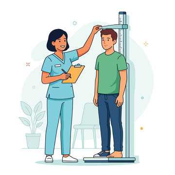 Doctor measures height of young man with stadiometer in clinic, healthcare and medical check-up illustration