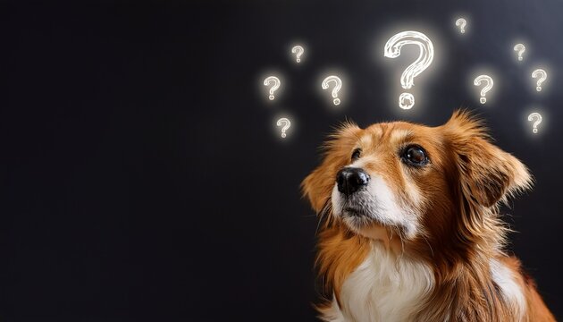 dog thinking with question mark lights above its head background with space for text