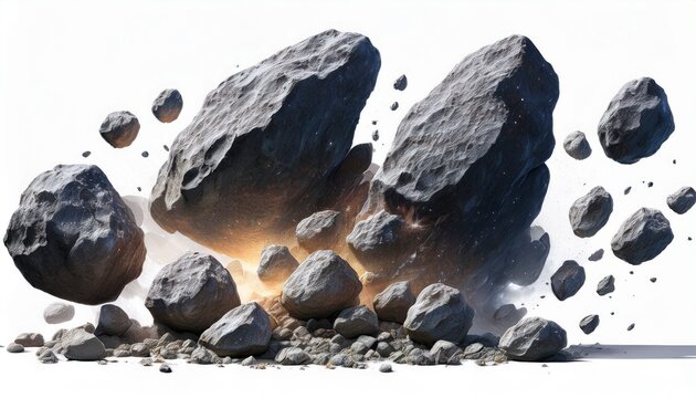 asteroids swarm of boulders or stone meteorite isolated on a white background