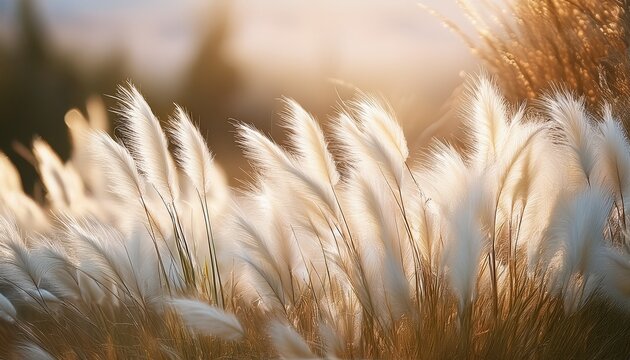 soft white fluffy grass plumes sway gently in a sunlit field creating a serene and natural scene of delicate beauty
