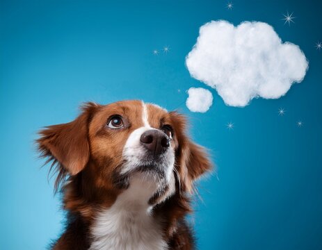 smart dog thinking while looking up with bubble cloud space