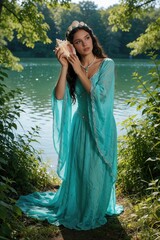 Obraz premium Beautiful brunette woman in turquoise fantasy dress stands by lake. Wears seashell crown, holds large conch shell to ear. Serene nature setting with rich green trees, calm water creates magical siren