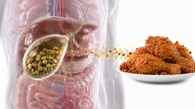 Impact of Fatty Diet on Gallbladder Health: 3D Illustration of Gallstones and Fried Chicken Consumption Risks