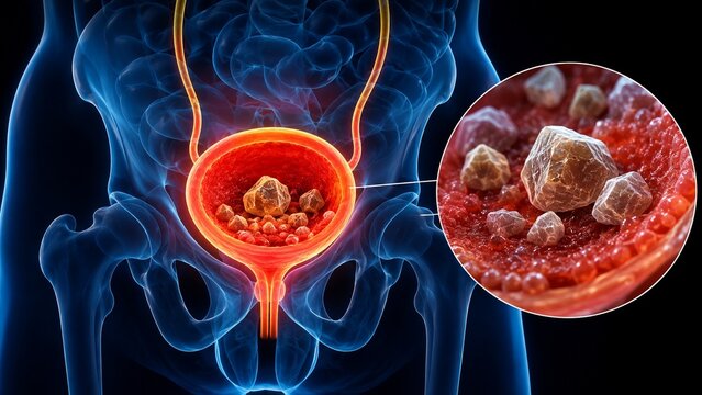 3D Medical Illustration of Bladder Stones in the Human Male Urinary System with Detailed Zoom of Cystolithiasis