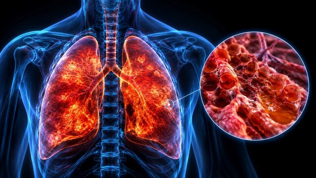 3D Medical Illustration of Inflamed Human Lungs with Microscopic View of Damaged Alveoli for Respiratory Disease