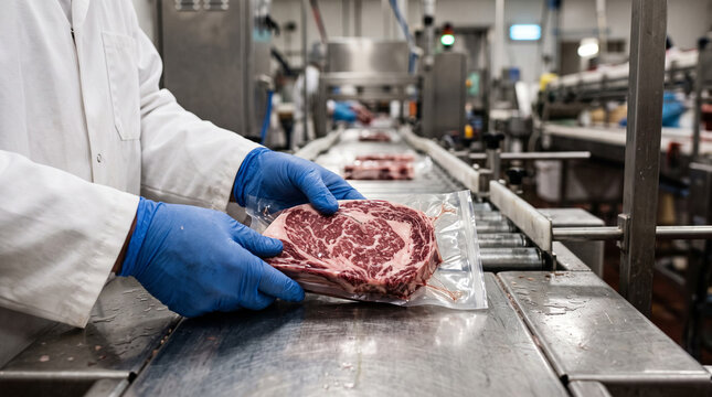 Professional butchery and food manufacturing facility showcasing a fresh, premium ribeye steak hanging on an overhead steel rail.
