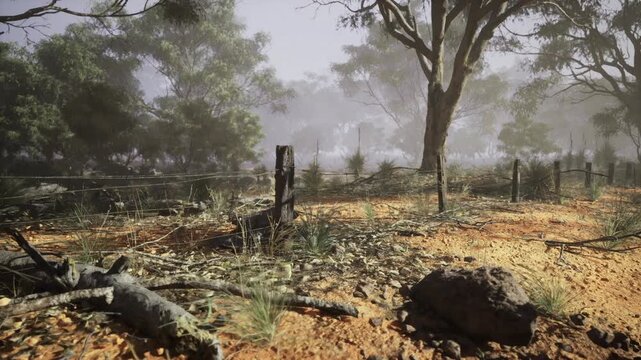 Quiet countryside with morning fog. Calm natural scene filled with morning mist. Idyllic peaceful rural scene featuring mist and fencing details
