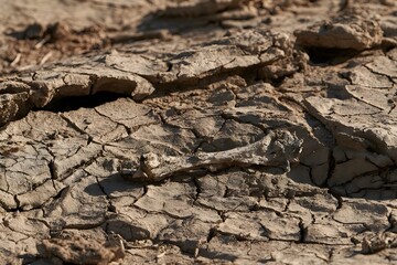 Fototapeta premium Single dried bone on a cracked mud flat under harsh midday sun