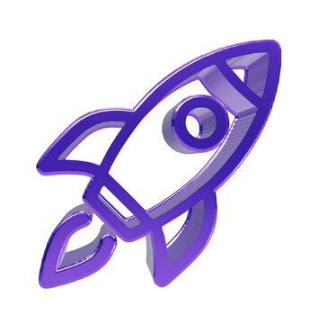 A glossy, three-dimensional purple rocket ship rendered with a smooth, reflective surface, isolated on a white background, for digital interface use isolated on a transparent background
