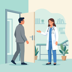 Fototapeta premium Doctor welcomes patient into examination room in a simple, modern flat illustration style