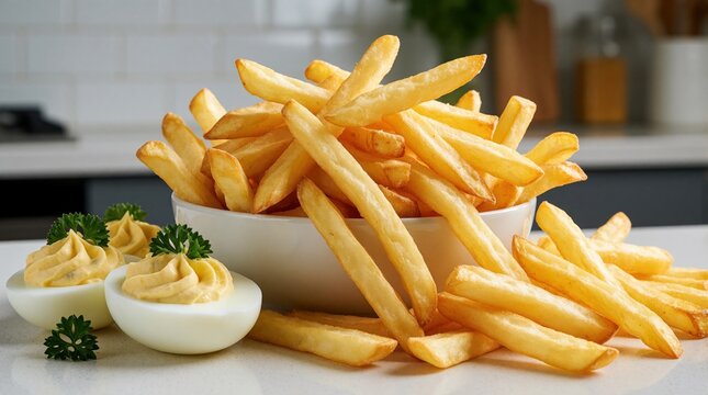 Golden french fries piled high in bowl. Creamy deviled eggs with parsley sit beside potatoes on counter. Appetizer served fresh in kitchen setting.