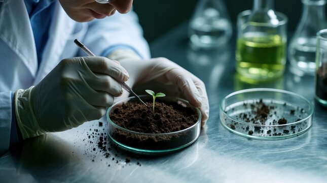 Scientist examines tiny plant sprout in soil sample using tweezers. Researcher in lab coat and gloves works with Petri dish and tools. Close-up view of plant research and soil analysis.