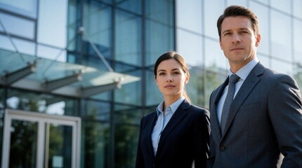 Fototapeta premium Man and woman in suits stand outside modern glass office building. Professionals look serious, ready for corporate meeting. Successful business people outside workplace.