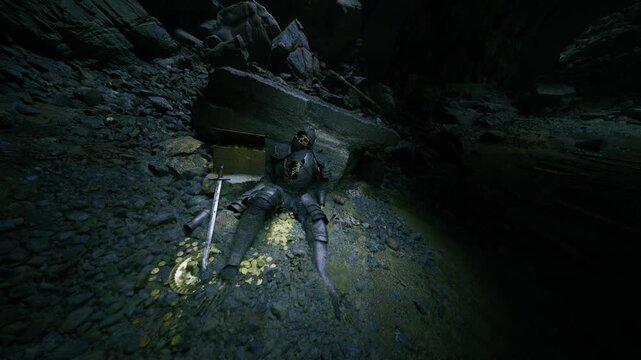 Armored caucasian explorer collapsed on floor, halberd at side and tattered gear scattered amid damp rocks and glowing fungal patches suggesting failed