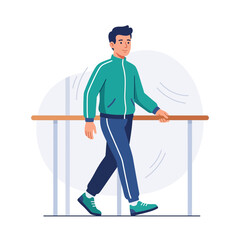 Fototapeta premium Man in Tracksuit Walking with Hand on Railing, Modern Flat Illustration