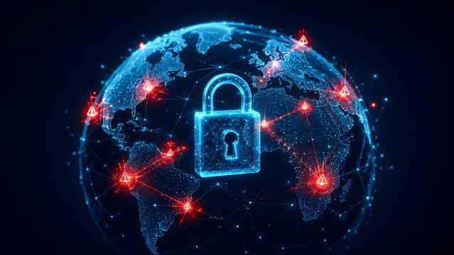 Global network security concept with digital glowing earth globe and padlock surrounded by red cyber threats and warning alerts.