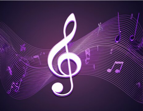 abstract purple music notes and clef on wavy pentagram lines for musical stave composition and creative sound design