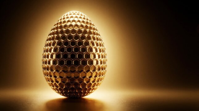 Golden egg with honeycomb pattern glows on dark surface. Abstract object with warm light illuminates intricate geometric design. Mysterious rare treasure, symbolic art.