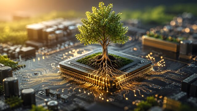 Green technology and sustainable computing concept featuring a lush tree growing from a computer microchip on a glowing motherboard.