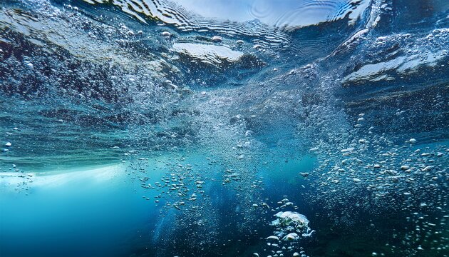 fast river current with lots of air bubbles and vortexes shot underwater in clear blue water