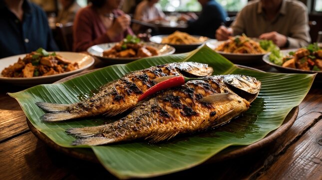 Two grilled whole fish rest on a big green banana leaf. A red chili rests on top. Other dishes fill the background. People eat at tables inside.