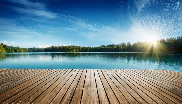 wooden deck at lake under blue sky