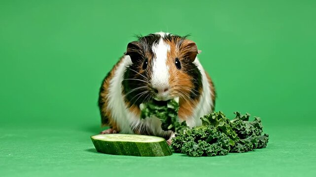 Adorable Guinea Pig Munching on Fresh Cucumber and Kale Against a Vibrant Green Background Ideal for Pet-Themed Visuals and Healthy Eating Concepts