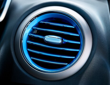 close up of a modern car air conditioning vent panel with cool flowing blue air currents inside