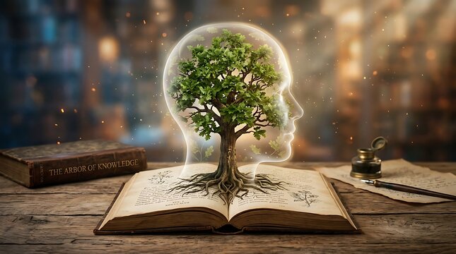 Green tree growing out of an open book on a wooden table