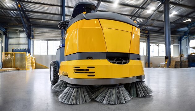 yellow and gray industrial floor scrubber machine cleaning warehouse floor