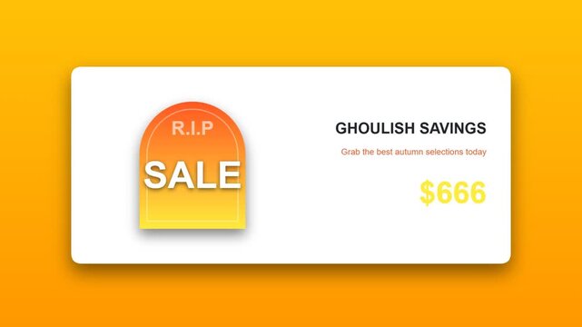 Ghoulish savings halloween sale promotion banner with tombstone icon and discount price tag