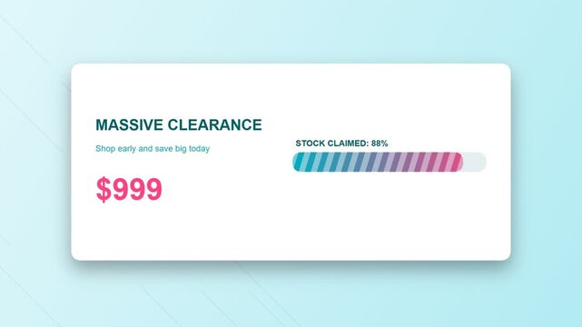 Massive clearance sale discount banner with a progress bar showing stock availability status