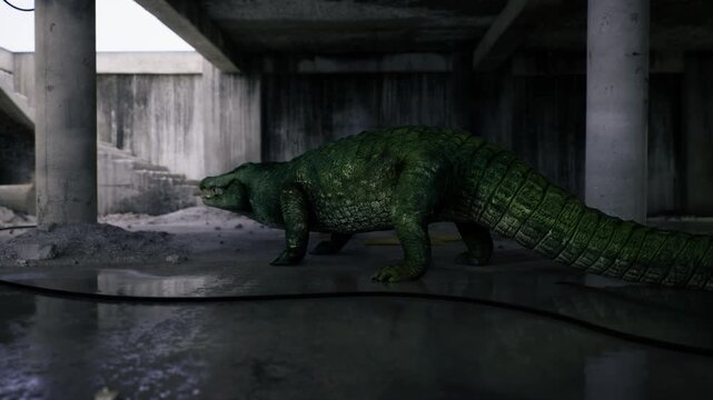 Shadowed crocodile stalks under concrete overpass, long tail and low silhouette reflected in puddles, cold damp atmosphere with concrete pillars and echoing