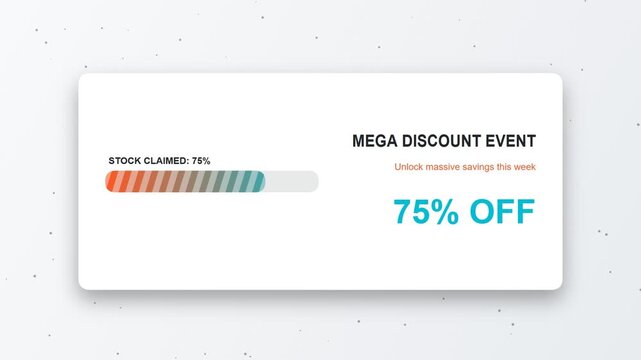 Mega discount event banner featuring a progress bar showing seventy five percent stock claimed