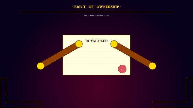 A sequence showing deed organization via wooden scrolls opening and closing in an animation representing administrative procedures within a dark purple setting for corporate presentations