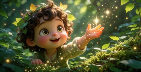 Obraz premium Cartoon child in green forest grasps glowing starlight. Boy or girl with leaves in curly hair plays among plants and sparkles in magical woodland. Gentle outdoor fantasy scene.