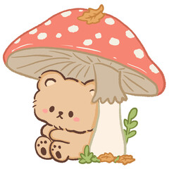 Fototapeta premium Cute Kawaii Bear Sitting Under a Giant Red Spotted Mushroom Cozy Autumn Woodland Cottagecore Illustration
