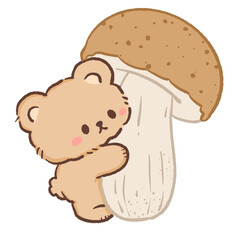Fototapeta premium Cute Kawaii Bear Hugging a Giant Woodland Mushroom Cozy Cottagecore Forest Illustration