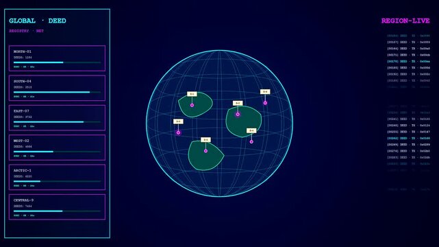 Deed oganization analytics display showing network monitoring interfaces with globe map visualizations and scrolling data stream text lines on dark blue digital computer screen user panel