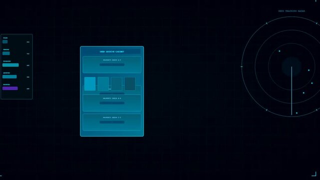 Deed oganization interfaces glow with cyan neon radar grids and digital file cabinets arranged in a seamless scrolling motion for complex virtual data management systems