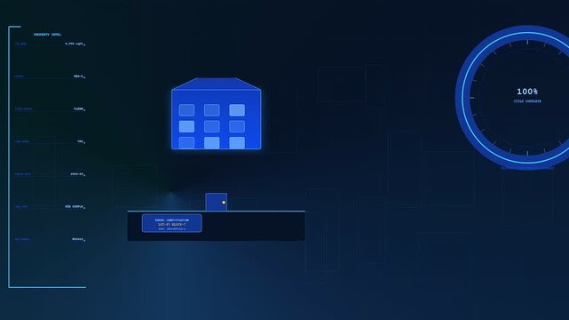 A digital deed oganization process displayed on a dark virtual interface showing geometric shapes and light blue loading progress circles for complex data management tasks