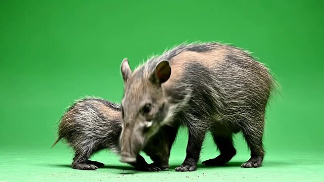 Close-Up of Mother and Baby Peccary on Green Screen Background Ideal for Wildlife Projects