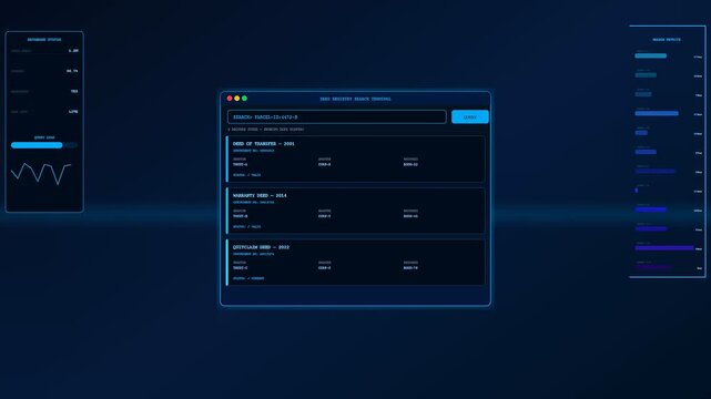 A digital deed organization interface appearing on a screen showing search results and status bars in a seamless three panel motion sequence for data management
