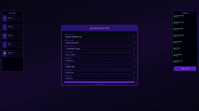 A digital deed oganization process shows sequential form filling on a dark user interface with neon violet accents demonstrating a systematic administrative record entry workflow