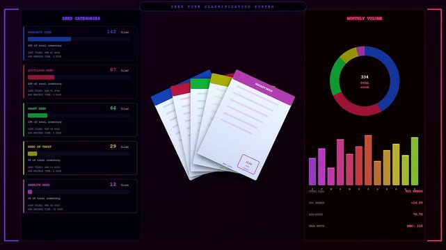 A digital deed organization process displayed on multiple screens showing colorful bar graphs data charts and paper document icons transitioning through a dark interface design